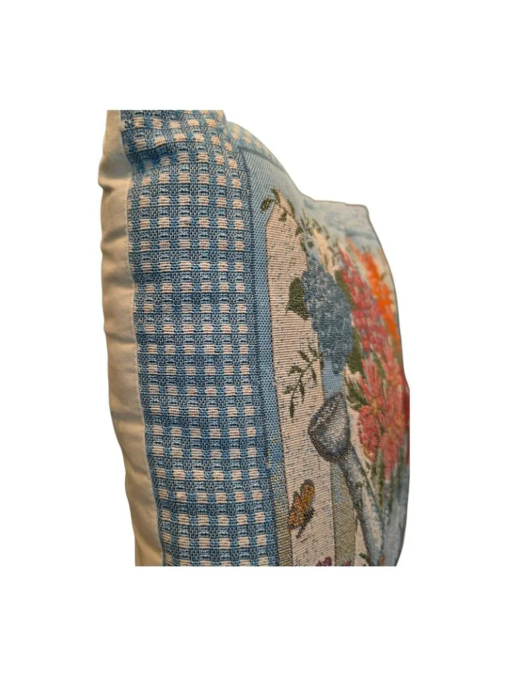 Decorative Floral Watering Can Tapestry Throw Pillow Gingham Border 16